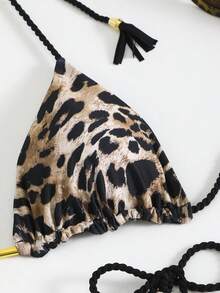 Women's Halter Leopard Print Tie-Up Sexy Backless High-End Bikini 2-Piece Swimsuit Set, 2025 New Arrival Vacation Beach Summer - Brown - View 3
