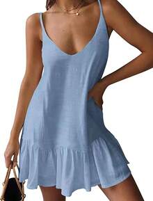 Loose Fitting Printed V Neck Cami Beach Dress Relaxed Fit Summer Casual Sundress - 杏色 - 查看 11
