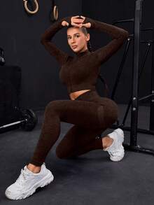 Conjunto Deportivo con Cremallera y Costuras Superiores con Orificios para Pulgar Sin Costuras - Marrón Oliva - Ver 1