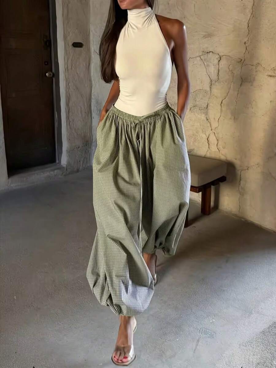 欧美新款时尚格子休闲宽松阔腿慢跑裤 - 綠色 - 查看 1