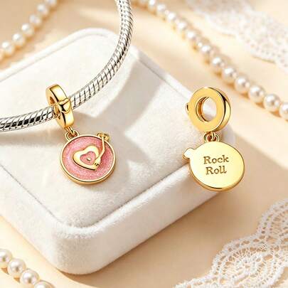 1 Pieces Original 925 Sterling Silver Charms Beads For Women Golden Color Record Player Pendants Charms Shine Pink Color Enamel Box Packaging Elegance Jewelry Gifts Fits Original Bracelet & Necklace DIY Making