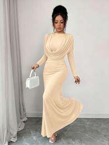 abyoxi Vestido maxi elegante de mujer de color albaricoque, suave y brillante - Presenta cuello drapeado, diseño con capucha y bajo de cola de pez, ideal para dama de honor, boda, té de la tarde, celebración de Año Nuevo y talla grande en primavera - Albaricoque - Ver 6