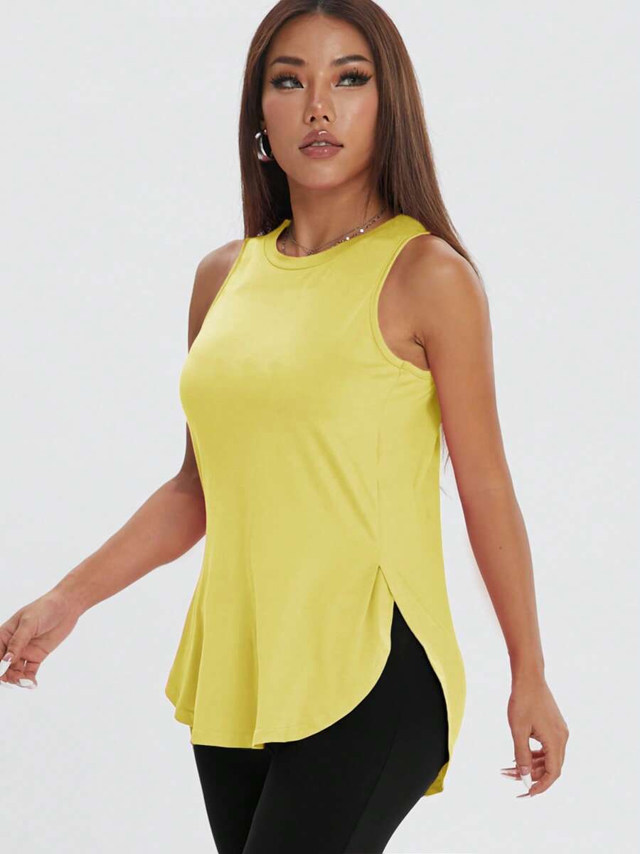 Kaos Tanpa Lengan Longgar Kasual Wanita, Atasan Olahraga Warna Polos dengan Belahan Samping yang Nyaman, Cocok untuk Olahraga Musim Semi/Panas - Butter Yellow - View 1