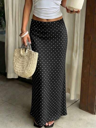 Falda bohemia de lunares de verano para mujer Look Polly, falda larga moldeadora, adecuada para citas, fiestas, playa, ir al trabajo en negro