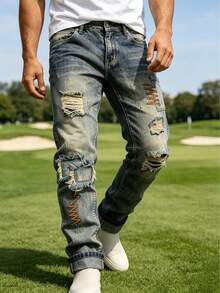 Men's Jeans Retro Wash Slim Cargo Ripped Casual - Navy Blue - View 2