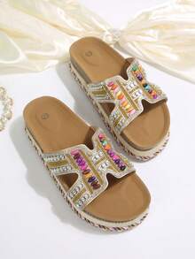 2026 Spring/Summer New Women's Sandals, Double Buckle, Rhinestone Fashion Thick-Sole Slippers, Random Floral Pattern, Essential For Vacation & Beach, Suitable For All-Day Wear - Gold - View 7