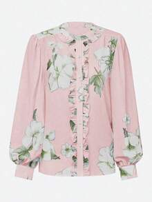 Elegant Floral Print Stand Collar Lantern Sleeve Chiffon Blouse Spring - Baby Pink - View 2