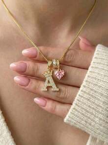1pc Minimalist Luxury Cubic Zirconia Pink Heart Gemstone Personalized Crown Letter Pendant Necklace, Stainless Steel Material, Suitable For Women's Daily Wear, Valentine's Day/Birthday Gift - 黃金2 - 查看 3