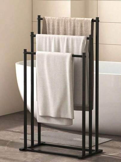 1pc 3-Tier Black Metal Towel Rack, Freestanding Trapezoid Design, Can Hold Blankets & Towels, Space-Saving Bathroom Storage Rack, Sturdy Steel Construction, Easy Assembly, Compact Size, Bathroom Towel Holder