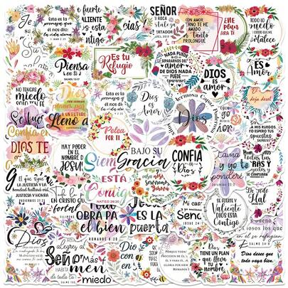 50Pcs Spanish Bible Verse Stickers, Floral Christian Quote Aesthetic Decals, Religious Inspirational Stickers For Phone Case Laptop Scrapbook Teens DIY Craft Decor