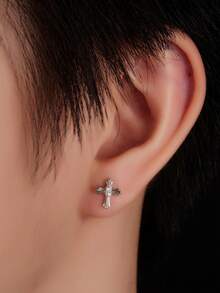 1 par de pendientes de cruz con tachuelas de estilo callejero a la moda para hombres, accesorio masculino único decorado con rhinestones en forma de cruz, adecuado para uso diario, regalo para amigos en fiestas, cumpleaños, aniversarios - Multicolor - Ver 2