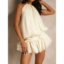 Summer Halter Dress For Women Sleeveless Ruffle Open Back Tiered Layered Chiffon Pleated A Line Swing Mini Dress - Beige - View 2
