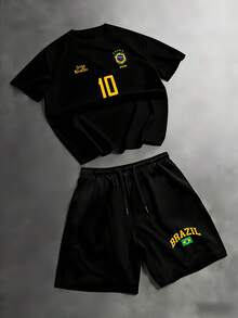 Bộ áo thun nam in hình, áo đấu bóng đá Brazil phong cách retro - Số 10 huyền thoại, trang phục thường ngày dành cho người hâm mộ bóng đá, áo đấu bóng đá. - màu đen - Xem 2