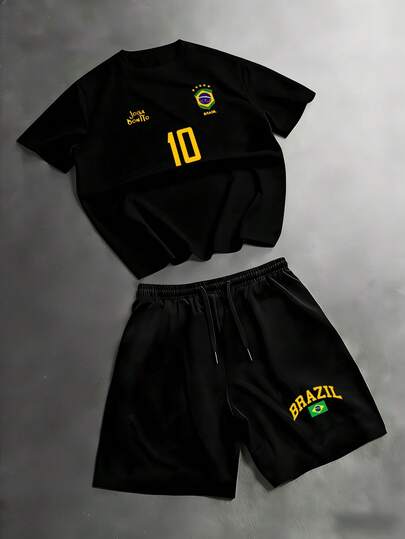 Men's Graphic T-Shirt Set, Retro Brazil Football Jersey - Legendary Number 10, Casual Football Fan Outfit, Football Jersey
