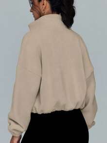 Chaqueta deportiva corta para mujer con cuello de forro polar, cremallera y cordón ajustable, de color liso, adecuada para deportes al aire libre y fitness, y para uso diario informal en otoño e invierno. - Caqui - Ver 5