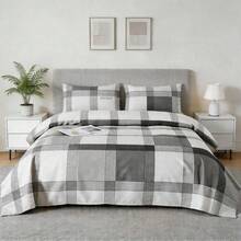 Juego de Ropa de Cama Estampado de Cuadros Clásicos Sabanas , Incluye Sábana Bajera Colcha con Altura de 30cm,   Sábana Encimera y Fundas, Microfibra Hipoalergénica Antiarrugas, Tamaños Individual Matrimonial Queen King - Gris - Ver 10