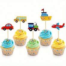 10pcs Transportation Themed Cake Decorations Set, Cartoon Car, Train, Airplane, School Bus And Ship Shaped Cupcake Toppers, Birthday Party Supplies, Traffic Vehicles Cake Picks - Classic Vehicles - View 2