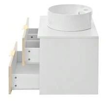 60cm Wall-Hung Bathroom Vanity Unit With Round Ceramic Sink, Drawer Fronts With Wood Look And Simple Stripe Design, High Quality MDF Board, Large Storage Capacity: 2 Drawers + Countertop. - 自然色 - 查看 9
