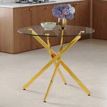 A Luxurious Yet Lightweight Round Dining Table, 88 Cm In Diameter. A Simple Table With A Tempered Glass Top And Silver Metal Frame, Ideal For Small Apartments, Homes, And Dining Rooms. Seats 2-4 People. - 金色 - 查看 3
