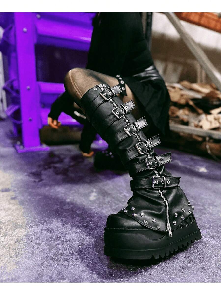 Black Metal Punk Combination Long Boots Cool Platform Height-Enhancing Knee-High Botines Zipper Buckle Leggings Botas - 黑色 - 查看 1