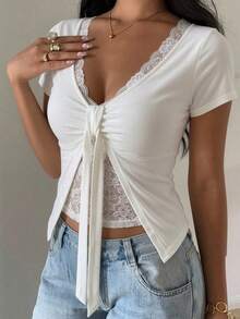 Women's White Deep V Neck Short Sleeve Polyester T-Shirt With Contrast Lace And Slit Hem Semi-Sheer High Stretch Regular Fit Top Casual Summer - White - View 1