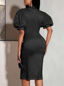 Vestido feminino AOMEI preto elegante ajustado de comprimento médio, decote em forma de coração, mangas bufantes, decoração floral 3D, adequado para convidadas de casamento, Dia dos Namorados - Preto - Ver 3