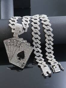 Conjunto de collar con colgante de póker con diamantes de imitación estilo real y reloj con esfera azul completamente cubierto de diamantes de imitación, estilo punk para hombres, joyería a juego de rapero de hip hop - Azul - Ver 7