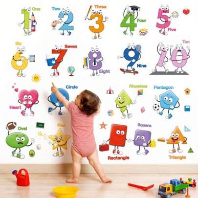 Colorful Shapes Numbers Wall Decals Educational Learning Geometry Wall Stickers Toddler Room Preschool Classroom Daycare Wall Decor