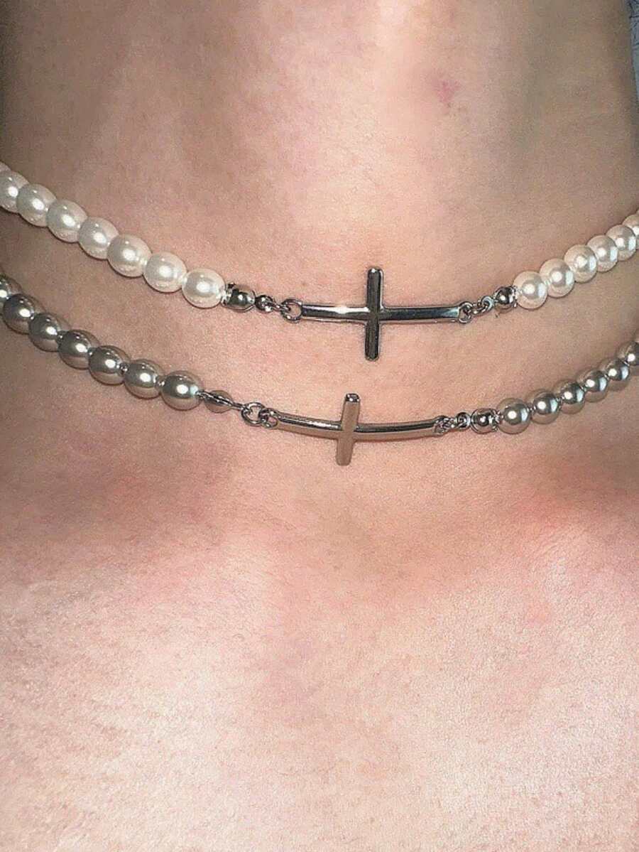 1件简约时尚Y2K甜美十字架珍珠叠层项链，适合日常佩戴和节日装扮 - 彩色 - 查看 1
