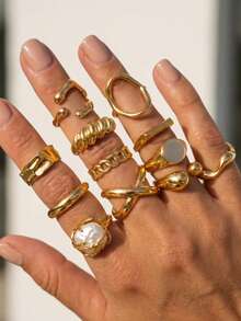 12pcs Women's Golden Asymmetric Geometric Faux Pearl Hollow Textured Liquid Metal Crossover Chunky Ring Set, Fashion Cute Minimalist Elegant Vintage Design, Suitable For Holiday, Party, Date, Daily Wear, Gift - Yellow Gold - View 2