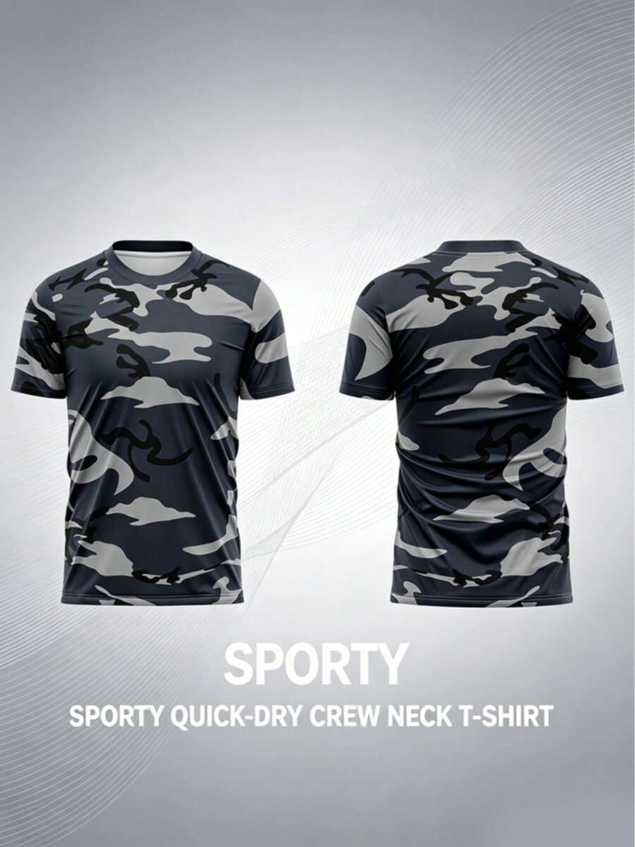 Men's Quick-Dry Camo T-Shirt, Navy Gray Urban Camo Print Sports T-Shirt, Breathable Lightweight Moisture-Wicking Shirt, Suitable For Gym, Running, Training