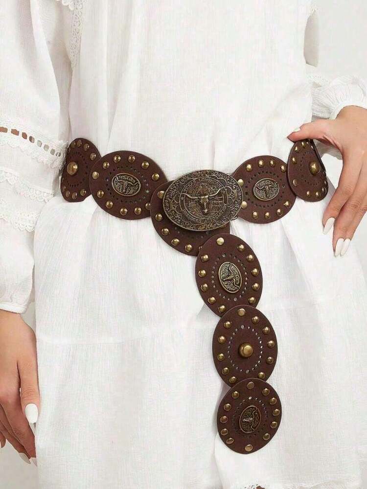 1pc Western Cowgirl Boho Style Women's Belt, Boho Belt, Western Belt, Gothic Velvet Patchwork Belt, Women's Fashion Accessory, Autumn/Winter Coffee & Antique Bronze Floral Oval Belt, Dress Accessory, Party, Beach, Music Festival, Y2K Style Belt, Valentine's Day - Đen 4 - Xem 4