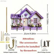 1pc 2D Flat, Warm Home Decor, Wooden Multi-Function Key Holder Rack (11.8 Inch X 9 Inch), With 4 Metal Hooks, Wall Decor, Entryway Decor, Room Decor, Villa Decor, Year-Round Home Decor - Violet Purple - View 7