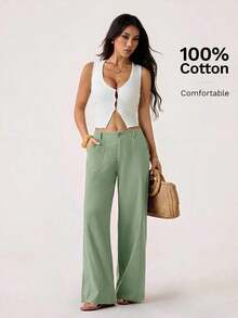 PETITE Pantalones rectos de cintura baja de 100% algodón lavado, pantalones de lino para mujer, pantalones de verano, pantalones anchos de mujer, pantalones de verano, otoño y ropa de otoño para mujer - verde menta - Ver 5