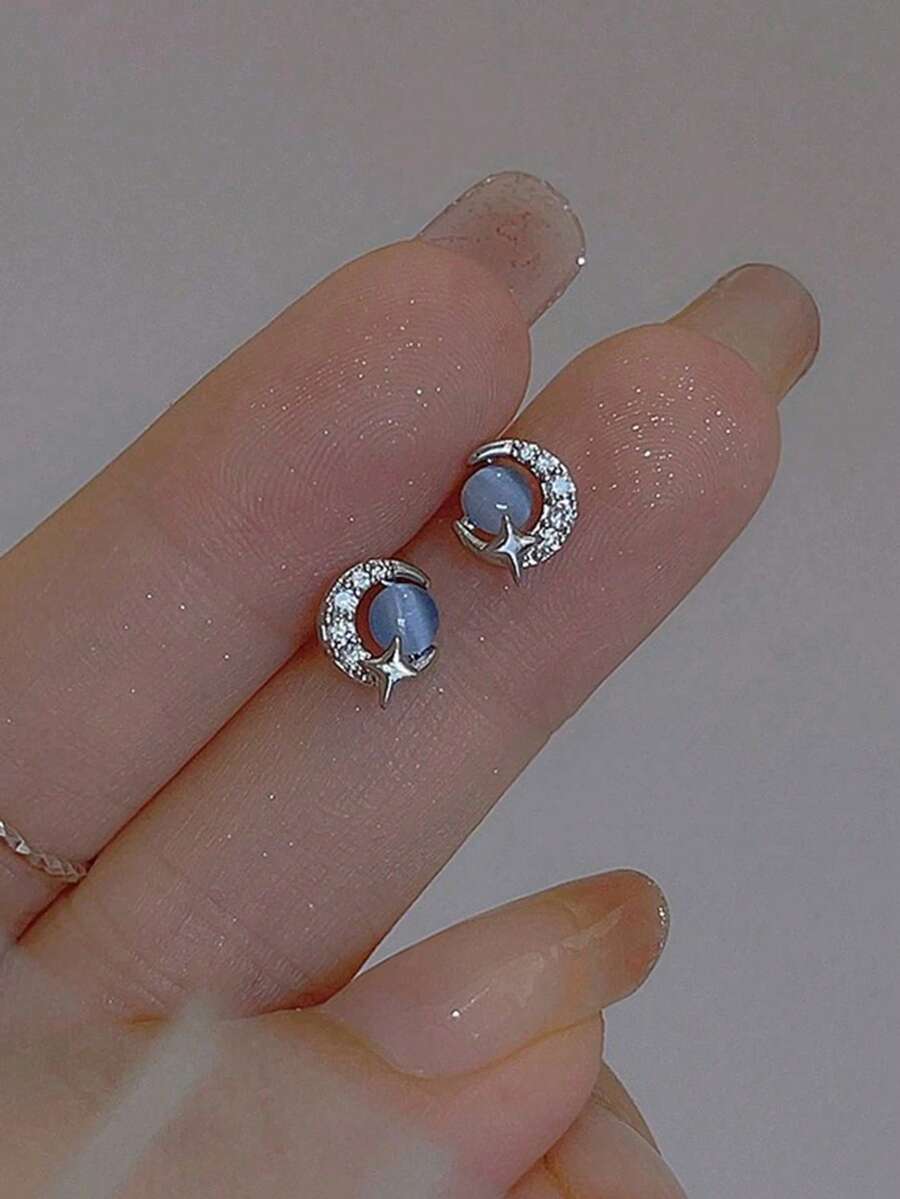 1 Đôi bông tai đính đá mắt mèo xanh hình mặt trăng và ngôi sao, đa năng và thanh lịch dành cho nữ. - Màu xanh lam - Xem 1