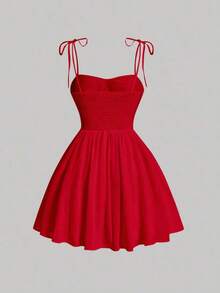 MOD Vestido mini elegante de mujer sin mangas con estampado floral, dobladillo con volantes plisados - Rojo - Ver 2