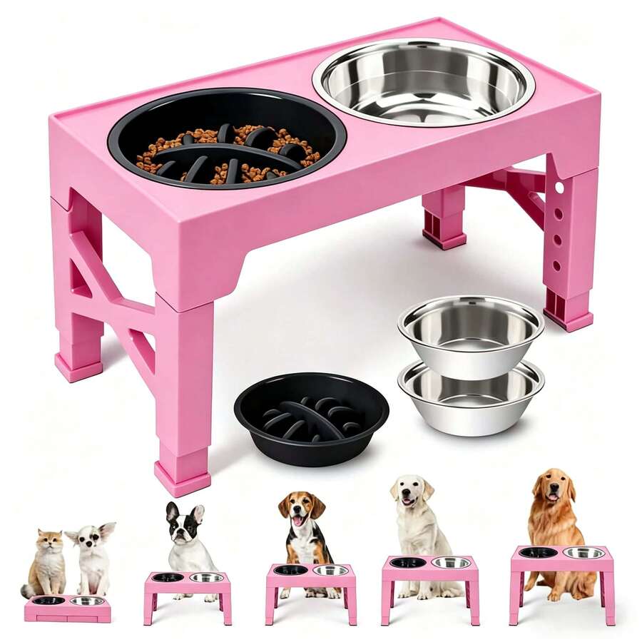 Adjustable Height Pet Elevated Dog Bowl With 5 Adjustable Height Settings. Comes With 2 Stainless Steel Dog Water Bowls And 1 Slow-Feed Dog Bowl. Adjustable Elevated Dog Bowl Stand. Suitable For Small, Medium And Large Dogs.