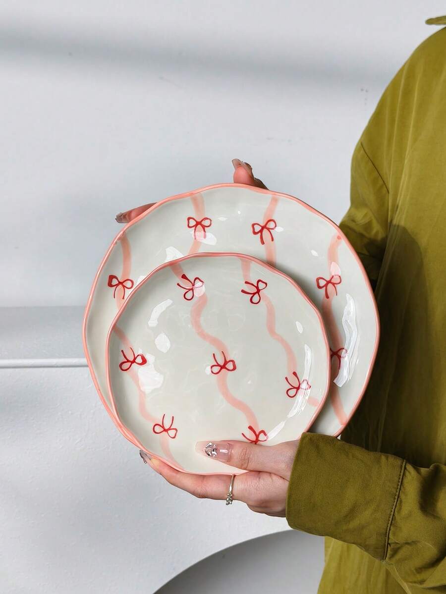 Korean Ins Style Hand-Painted Ribbon Bow Ceramic Plate, 6 Inch, 8 Inch Dessert Plate, Cake Plate, Fruit & Snack Plate, Tea Plate, Appetizer Plate, Nut Plate, Suitable For Home, Restaurant, Cafe, Bakery, Microwave
