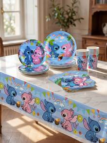 Summer Stitch Theme Popular Blue Party Set, Paper Product Combination Tableware, Including Plates, Cups, Napkins, Etc., Party Small Gifts, Party Decoration And Arrangement, Outdoor Party Tableware, Non-Disposable Plastic Material Products - Multicolor - View 1