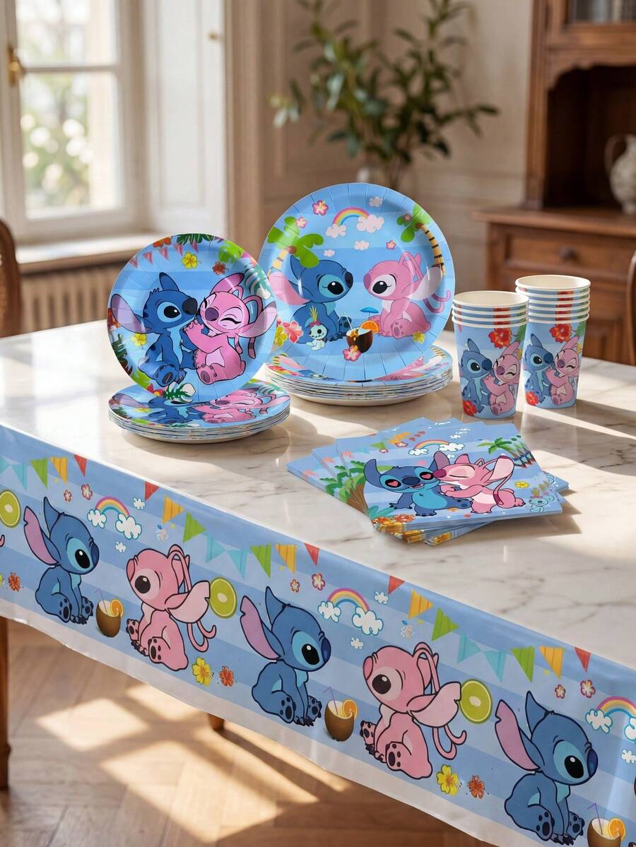 Summer Stitch Theme Popular Blue Party Set, Paper Product Combination Tableware, Including Plates, Cups, Napkins, Etc., Party Small Gifts, Party Decoration And Arrangement, Outdoor Party Tableware, Non-Disposable Plastic Material Products - Multicolor - View 1