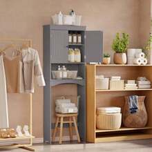 66" Above Toilet Storage Cabinet, Toilet Storage Rack, Bathroom Cabinet With Adjustable Shelves And Open Cabinet, Toilet Furniture, Freestanding Shelves For Bathroom Above Toilet, Space Saving Large Above Toilet Cabinet - Xám - Xem 8