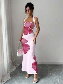Vestido midi estampado de verano 2025 para mujer, con cuello halter y cintura ajustada. - Púrpura malva - Ver 10