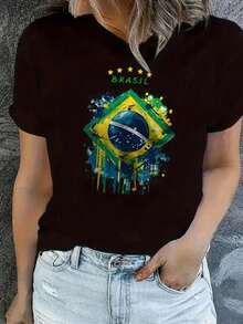 Women's Round Neck T-Shirt With Brazilian Flag Print, Women's Fashion T-Shirt With Brazilian Flag Print, Casual Short-Sleeve T-Shirt, Women's Blouse On , Comfort For All Seasons - 黑色 - 查看 1