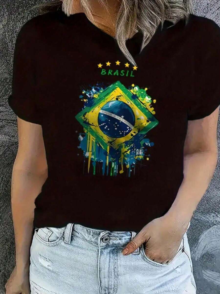Women's Round Neck T-Shirt With Brazilian Flag Print, Women's Fashion T-Shirt With Brazilian Flag Print, Casual Short-Sleeve T-Shirt, Women's Blouse On , Comfort For All Seasons - 黑色 - 查看 1