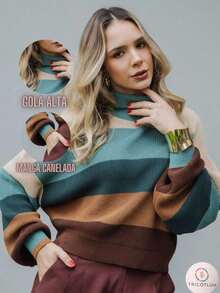 Women's Striped Knit Turtleneck Blouse, Elegant Ribbed Knit, Winter Fashion - 棕色/米色/綠色/沙色 - 查看 2