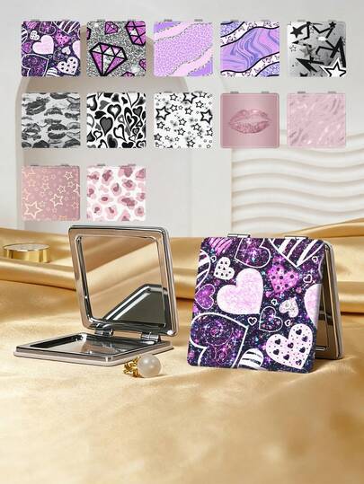 1pc Y2K Fashion Foldable Vanity Mirror, Lightweight Compact Handheld Mirror, Durable PU Leather, Suitable For Multiple Scenarios, Cartoon Ins Style Heart, Butterfly, Star, Lip, Leopard Print Design, Foldable Structure, Reliable And Scratch-Resistant, Convenient To Carry