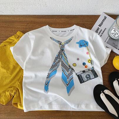 2026 New Summer Young Boy Short Sleeve T-Shirt, Children Tie Casual Stylish Personalized Tops, Pullover