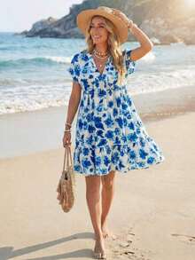 Vestido corto casual de vacaciones románticas de playa rosa para mujer en verano - Multicolor 8 - Ver 3