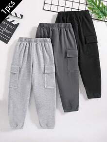 1 pieza Pantalón de chándal casual y holgado para niños preadolescentes con bolsillos laterales, pierna recta y forro térmico, para otoño/invierno - Negro - Ver 3