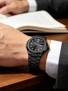 Đồng hồ nam quartz doanh nhân thép không gỉ 43.5mm, đồng hồ thể thao thương hiệu cao cấp, hiển thị ngày & thứ, mặt số sọc dạ quang, chống nước 3bar, quà tặng Valentine - màu đen - Xem 6